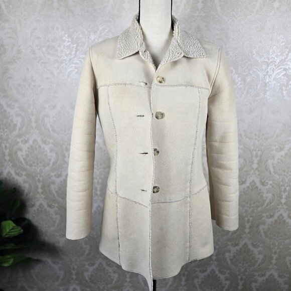 LOB Casual World Cream Colored Faux Suede Shearling Interior Button Front Jacket - Picture 1 of 12